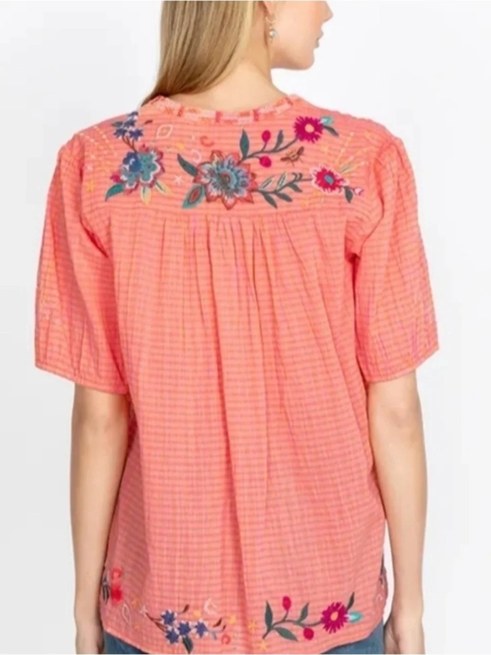 Johnny Was Olinda Puff Sleeve Embroidered Floral V-Neck Top Blouse